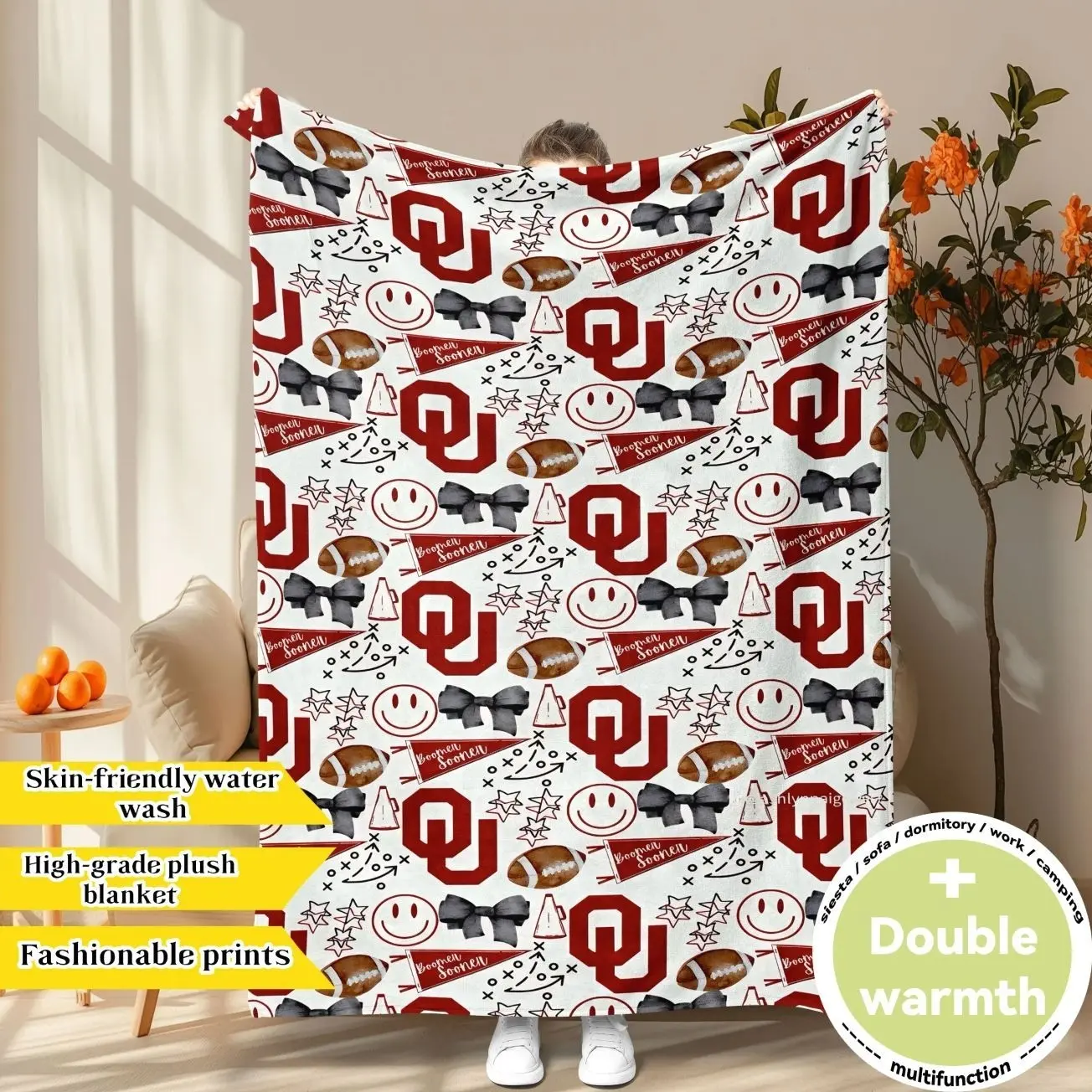Oklahoma Sooners Girly Pattern Throw Blanket, Flannel Throw Blanket, Collegiate Design - Team Logo & Motif Prints