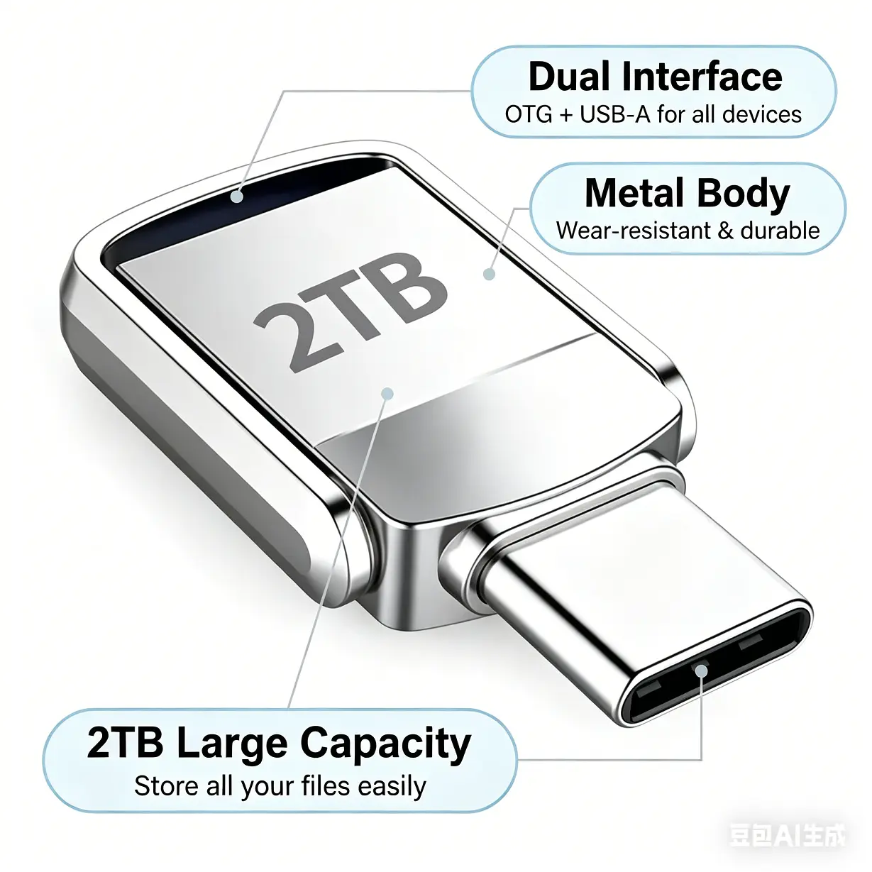 Metal Body Bluetooth Transmitter Receiver Adapter - 2TB USB Flash Drive, Dual Ports, USB3.2+Type-C, 15M/S - 30M/S High-Speed Data Transfer, Compact Form, Plug-and-Play for Car Stereo Wireless Audio, Computers