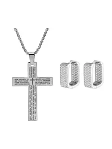 Trendy Hip Hop Necklace Earring Set, Bible Cross Pendant Necklace and Full Zircon U-Shaped Earrings, Unisex Fashion Jewelry