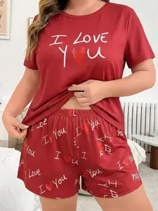 Valentine's Day Plus Size Women's Knitted Pajama Set, Letter Heart Print Short Sleeve Top and Shorts, Casual Loose Fit Sleepwear, Shorts Pj Set