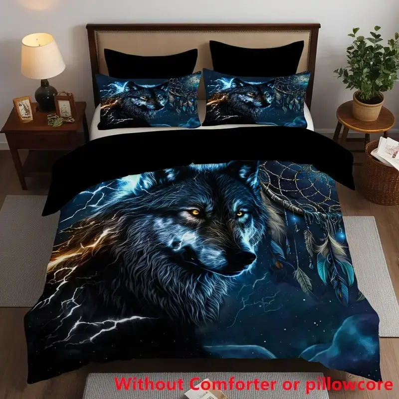 3-piece set Comfy Bedding Sets blue dream net wolf digital printed bedding in polyester includes 1 duvet cover and 2 pillowcases, the top choice for bedrooms, dormitories, and guesthouses