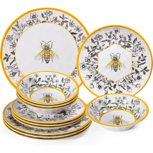 Honeycomb Bee Sweet 12- Melamine Dinnerware Set,Melamine Dishes Set of 4, Lightweight and Unbreakable Garden Floral Dinner Plates and Side plates and All-purpose Bowls Set