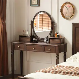 Wayshome Vintage Vanity Desk with Mirror, Solid Catalpa Wood Walnut Dressing Table, Vintage Dressing Table Vanity Desk for Bedroom, Walnut, Catalpa Wood