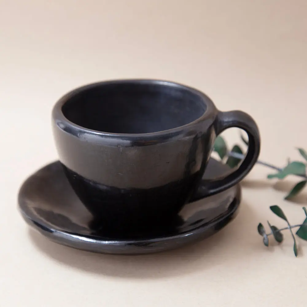 Artisanal Barro Negro Clay Pottery Coffee Mug - Collectibles, 1-of-a-Kind Aesthetic Coffee Cup with Espresso Saucer