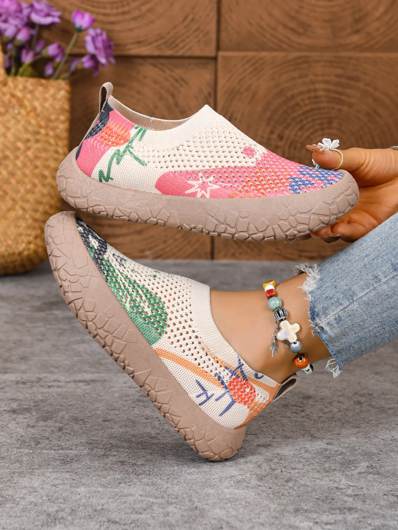 Women's Artistic Print Slip-On Sneakers, Closed-Toe Chunky Sole Shoes for Light Outdoor Activities, Casual Wear, Leisure Shoes, Slip On Trainers