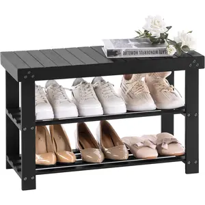 Bamboo Shoe Rack for Entryway, 3-Tier Shoe Rack Bench for Front Door Entrance, Small Shoe Organizer with Storage, Black