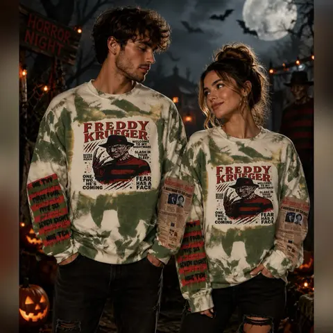 Freddy Krueger Crewneck Sweater - Nightmare on Elm Street Design with Bleached Green and White Pattern