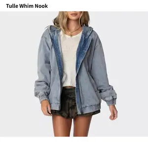 Vintage Washed Denim Bomber Jacket with Hood