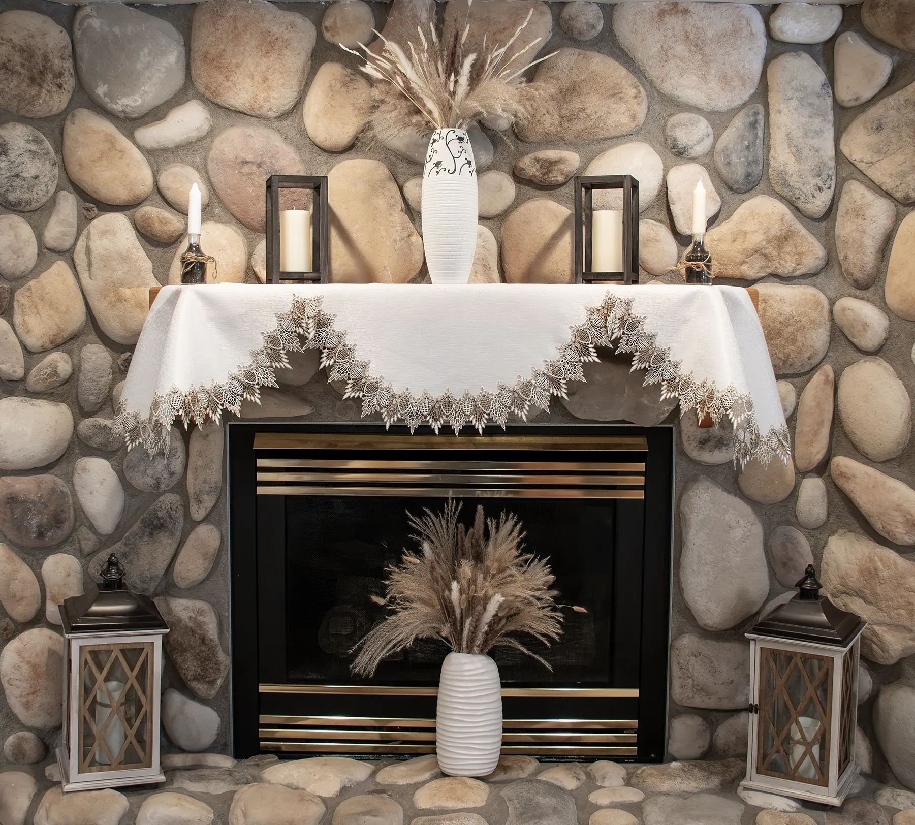 Linens Art And Things - Earth Tone Beige and White Lace Mantle Scarf (19”x90”)