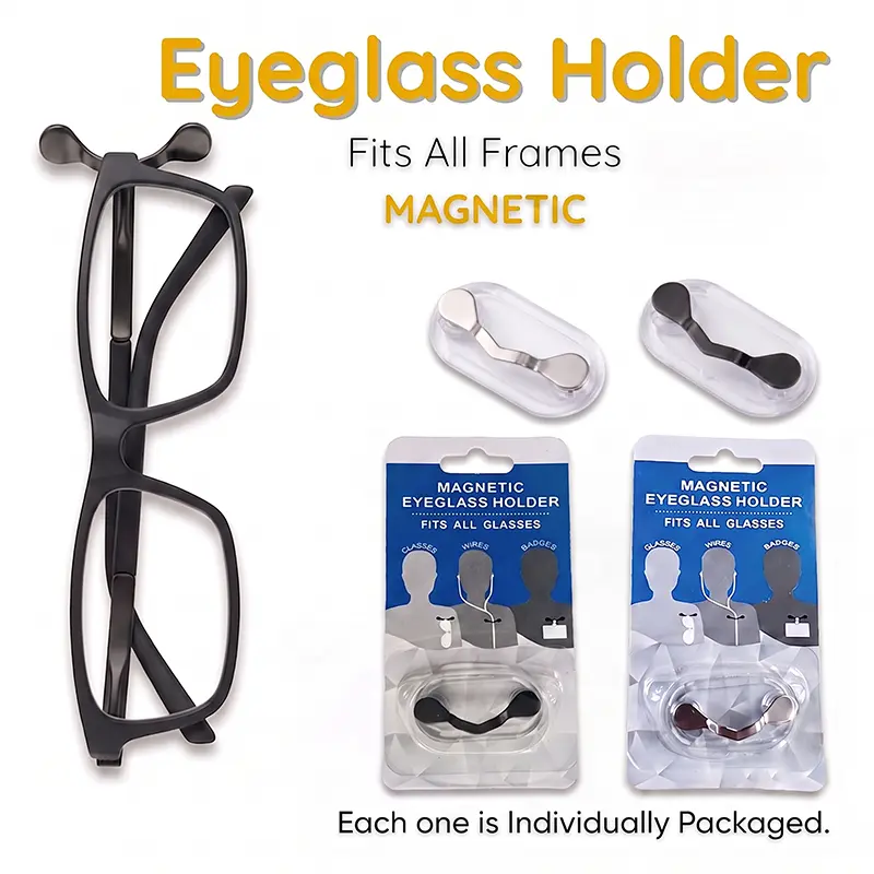 2 Pack Magnetic Eyeglass Holder Clip with Strong Hold - Keep Readers, Sunglasses, Blue Light Glasses & Safety Glasses Secure - Fits All Frames & Holds Small Accessories like ID Badges and Earphones