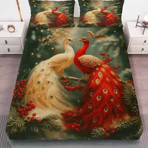 3pcs Peacock Forest Winter Bed Sheet Three Piece Set (1*Fitted Sheet+2*Pillowcases, Coreless), Christmas theme, Peacock pattern, Soft, Breathable, Suitable for bedroom, living room, hotel, vacation home decoration, Bed Sheet Sets