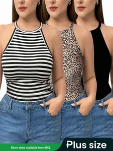 【Plus Size】 Striped & Plain & Leopard Print Tank Top, Casual Fitted Sleeveless Top for Summer, Women's Clothing for Daily Wear
