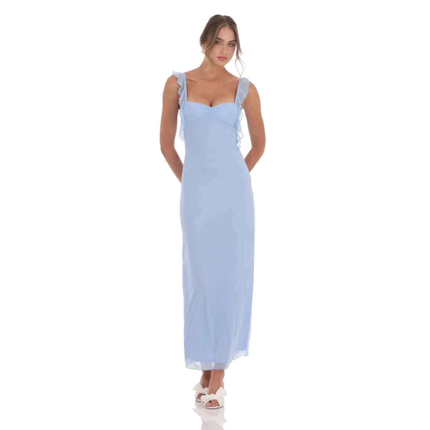 blue lucy dress Niamh Powder Blue Asymmetric Midi Dress With Drape – Club L London