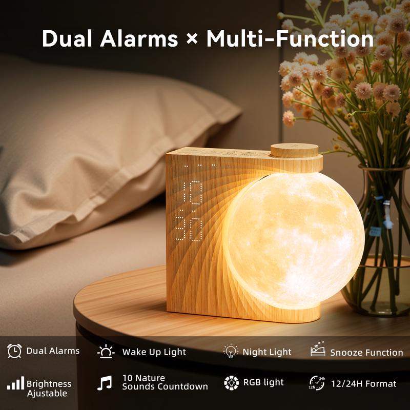 RETEYUNG Sunrise Alarm Clock with Moon Lamp, Home Decor, Digital Dimmable Bedroom Clock, 10 Sleep Sounds, Wake-Up Light, gift for girlfriend/boyfriend