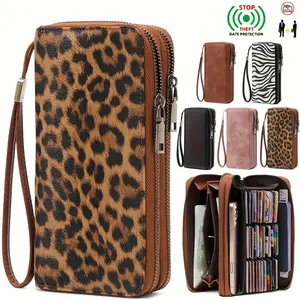 [Retro Leopard Wallet] Women's Retro Leopard Print Large Capacity Wallet with RFID Blocking, Golden-Tone Hardware & Zipper Closure - Multi-Compartment Design with Card Slots