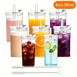 8 Sets Square Old Fashioned Drinking Glasses 380ml Modern Highball Tumblers with Straws Cocktail & Mixed Drink Ware TikTok Home Bar Essential