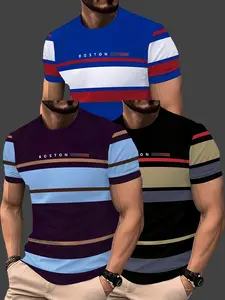 Men'S Trendy Casual Three-Piece Short Sleeve Set | Crew Neck, Slight Stretch Fabric, Geometric Pattern, Regular Fit