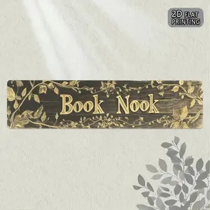 1PC 2D, Vintage 'BOOK NOOK' Metal Wall Sign, Decorative Plaque - 15.7x3.9 inches (40x10 cm) Black Gold Font - Iron Bookshelf Decoration, Home Decor, Rustic Farmhouse Design - Pre-Drilled, Easy to Hang - Literary Gift for Book Lovers