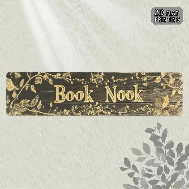 1PC 2D, Vintage BOOK NOOK Metal Wall Art Sign, Hanging Farmhouse Sign - 15.7x3.9 inches (40x10 cm) Black Gold Font - Bookshelf Decoration, Home Decor Gifts, Rustic Farmhouse Design - Pre-Drilled, Easy to Hang - Literary Gift for Book Lovers, Metal Signs