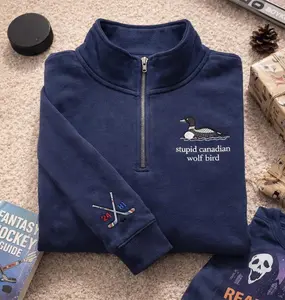 Embroidered Heated Rivalry Quarter Zip Sweatshirt, Stupid Canadian Wolf Bird, Team Hollanov LGBT Hockey Fan Gift