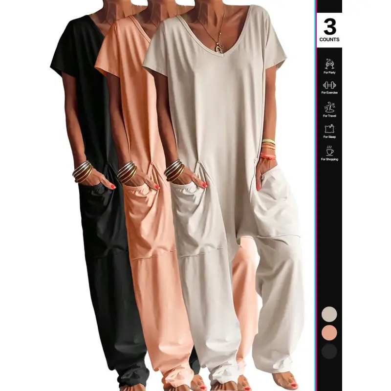Women's Basic Short-Sleeve V-Neck Jumpsuit - Loose-Fit Wide-Leg Lady's All-Seasons Sports Casual Outfit with Plain Moderate-Thickness Fabric, Jumpsuits for Women