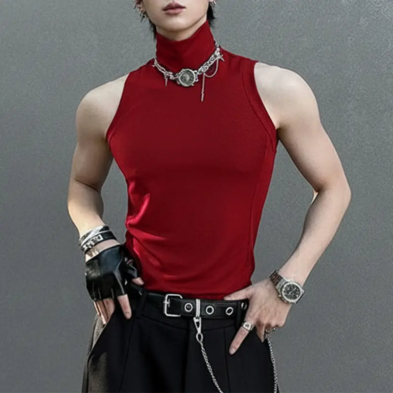 INCERUN Men's Stretch Ribbed Knit Polyester High Neck Cut Turtleneck Vest - 90s Retro Mod Sleeveless Slim Fit Top, Sexy for Party, Evening