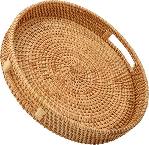 Round Rattan Serving Tray with Handles, Hand Woven Basket, Home Decor Organizer Tray for Breakfast, Tea, Snack, Fruit, Coffee,Storage (Medium)(11.9inchX1.7inch)