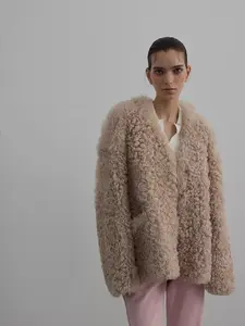 "Wanderer Island" Imported Tuscan Sheepskin Coat Fluffy Wool Fur Jacket for Winter Womenswear Long Sleeve Fitted Minimalist Outerwear with Noble Aesthetics