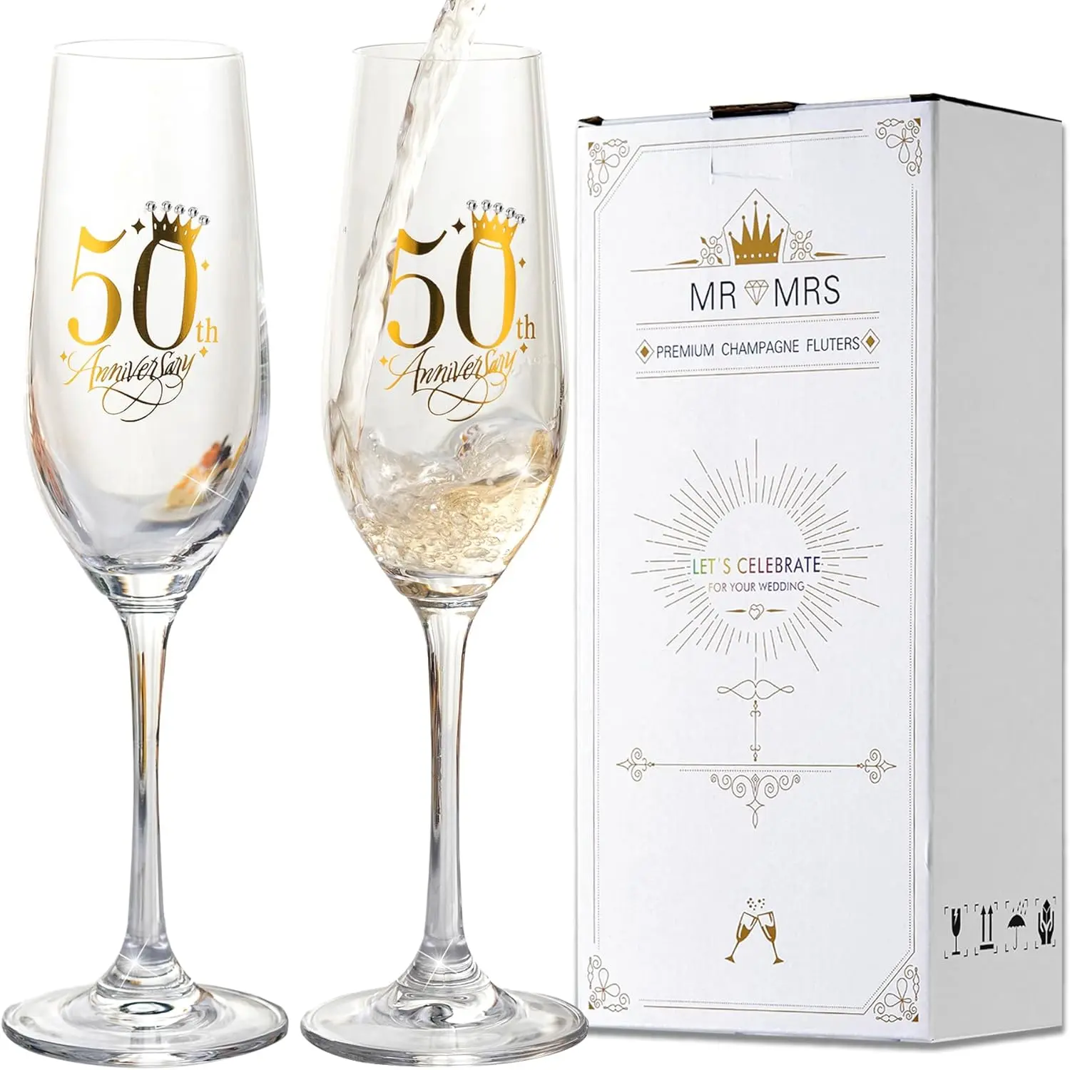 50th Wedding Anniversary Champagne Flutes 50th Anniversary Decorations Champagne Glasses Embellished with Rhinestones Couple Wedding Gifts for Parents Anniversary