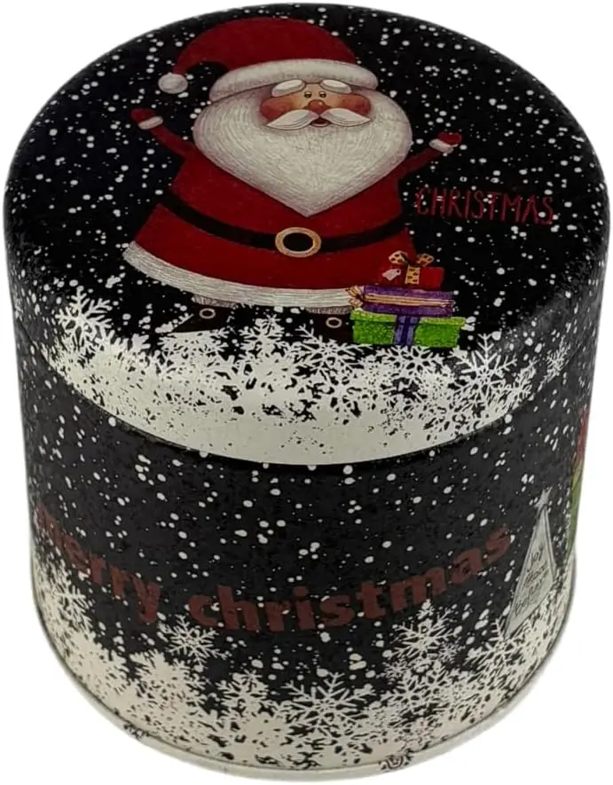 Christmas Round Tin Can with Lid, Santa Claus Design | Crackle Oil Effect Printing, Holiday Gift Storage