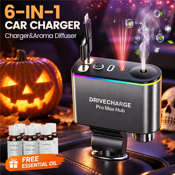 6-in-1 Retractable Plastic USB Car Charger - High Speed Charger with Lightning Cable, Air Aroma Diffuser, Red Star Light, Ambient Lighting, Carplay Adapter, Universal Car Adapter, USB Port, Compatible with iPhone 16/15/14 Pro Max for Vehicle Travel