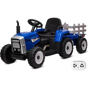 GARVEE 12V Electric Ride On Tractor for Ages 3+, Blue 2-in-1 Design with Trailer, 2 Driving Modes, 3 Speeds, Remote Control, LED Lights, USB Music, Durable PP Plastic, Realistic Horn, 4.5 Ah Battery