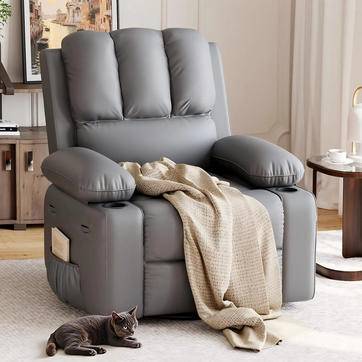 Recliner Chairs, Classic Manual Leather Recliner, Home Theater Seating with Lumbar & Arms Support for Living Room, Bedroom and Nursery (Grey, 22")