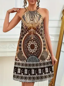 Plus Size Women's Geometry Print Back Tie Fitted Dress, Geometric Elegant Casual Dress for Summer, Stylish Midi Length for Any Occasion