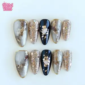 Opal Marble Handmade Press-On Nails, Elevate Your Look | Medium Almond Shape, 10pcs | Vintage Opal Marble Design | Grey Gold Marble & Gold Edge & Opal Chip Accents | Reusable DIY Nail Kit for Women | Trendy Nails for Spring, Summer, Dates & Daily Wear