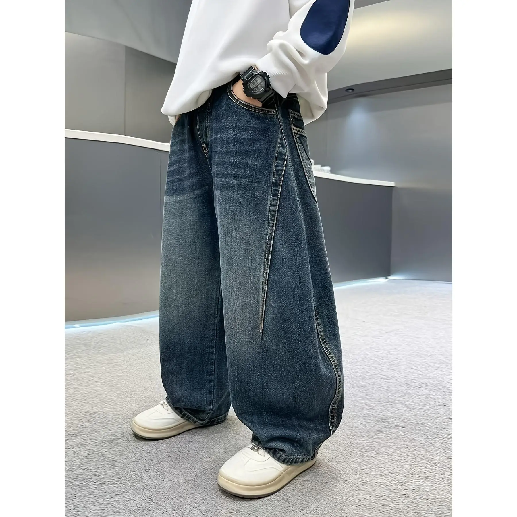 NewBoys' Denim Pants, Casual for All Seasons, Stylish Wide-Leg Trousers, Loose-Fitting Jeans for Older Children, Versatile Pants for Boys