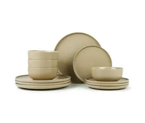 Alessandra Brown 12-Piece Stoneware Dinnerware Set for Kitchen and Dining - Cookware Cutlery Stylish Tableware Traditional