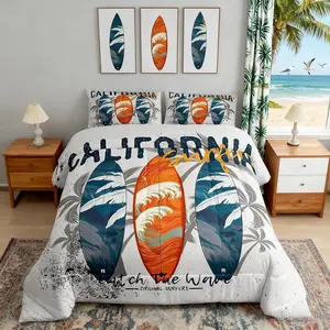 Surfing Comforter Set,Blue Orange Surfboards Bedding Set for Kids Boys Girls Bedroom Decor,Tropical Palm Trees Quilt Set,Soft Polyester Duvet Set