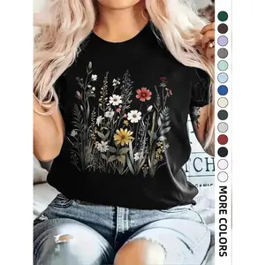 Women's Floral Print Round Neck Basic Tee, Casual Drop Shoulder Short Sleeve T-shirt, Ladies Summer Outfit Top Womenswear Fabric women