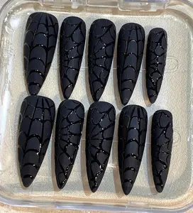 AuréNails - Bold Gothic Stiletto Press-On Nails With Black Spider Web Designs, Perfect For Halloween, Cosplay, Parties, And Spooky Season Style.