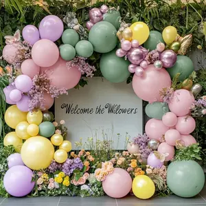 Sage Green Pink Balloon Garland Double Stuffed Pink Purple Balloons Pearl Yellow Metallic Lilac Balloon Arch Different Sizes For Wildflower Butterfly Birthday Wedding Baby Shower Summer Party Decor