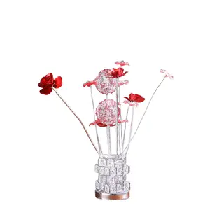 YYDS Aluminum 4 Red Roses 6 Petal Floral 2 Red/Silver Flower Bud On A 4 Squared Modern Hexagona Chrome Vase Table Lamp for Living Room, Nightstand Bedside Table Lamp for Bedroom, LED Lamp