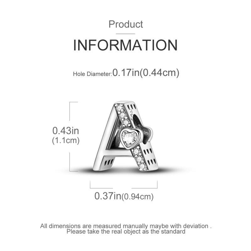MULA 925 Sterling Silver Letter Pendant for Pandora Bracelets – A-Z Letter Beads, Set with Sparkling Heart-Shaped Cubic Zirconia, Personalized Initials Jewelry, a Gift for Women and Girls.
