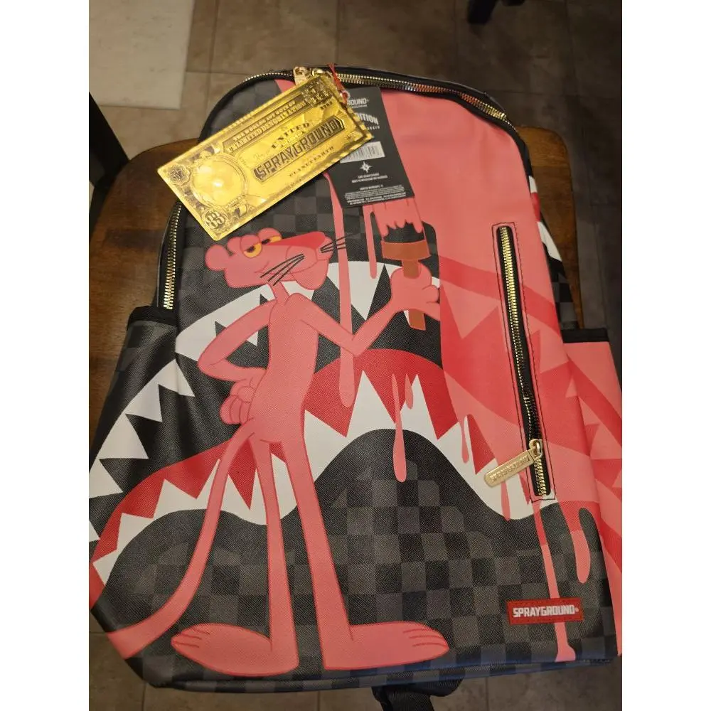 Sprayground Pink Panther Backpack with Gold Tag and Zipper Details