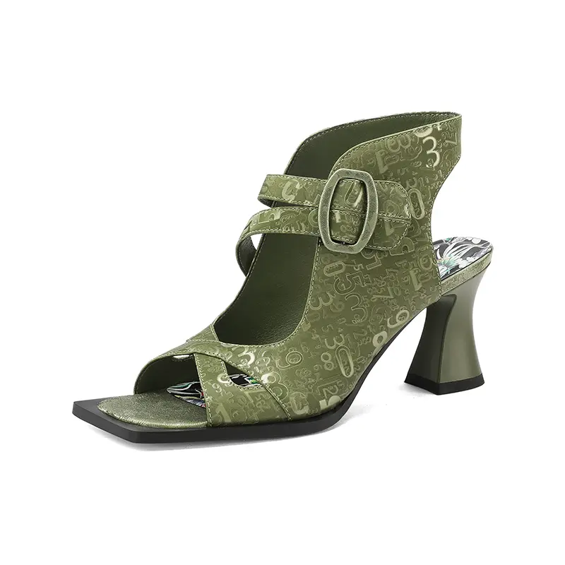 Women's Chunky Gladiator Sandals - 3-in Faux Leather Strappy High Heels, Square Toe, Buckle Detail, Embellished, Height Increasing Shoe & Footwear for Summer Dressy Outdoor Wedding Occasions, Buckle Detail Women's Sandals, Embellished Women's Sandals