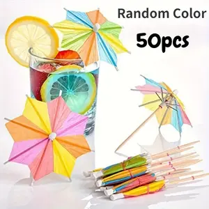 50 Summer Hawaiian Colorful Octagonal Paper Umbrellas for Cocktails, Beach Party Drink Accessories, Fruit Cocktail Labels and Decor