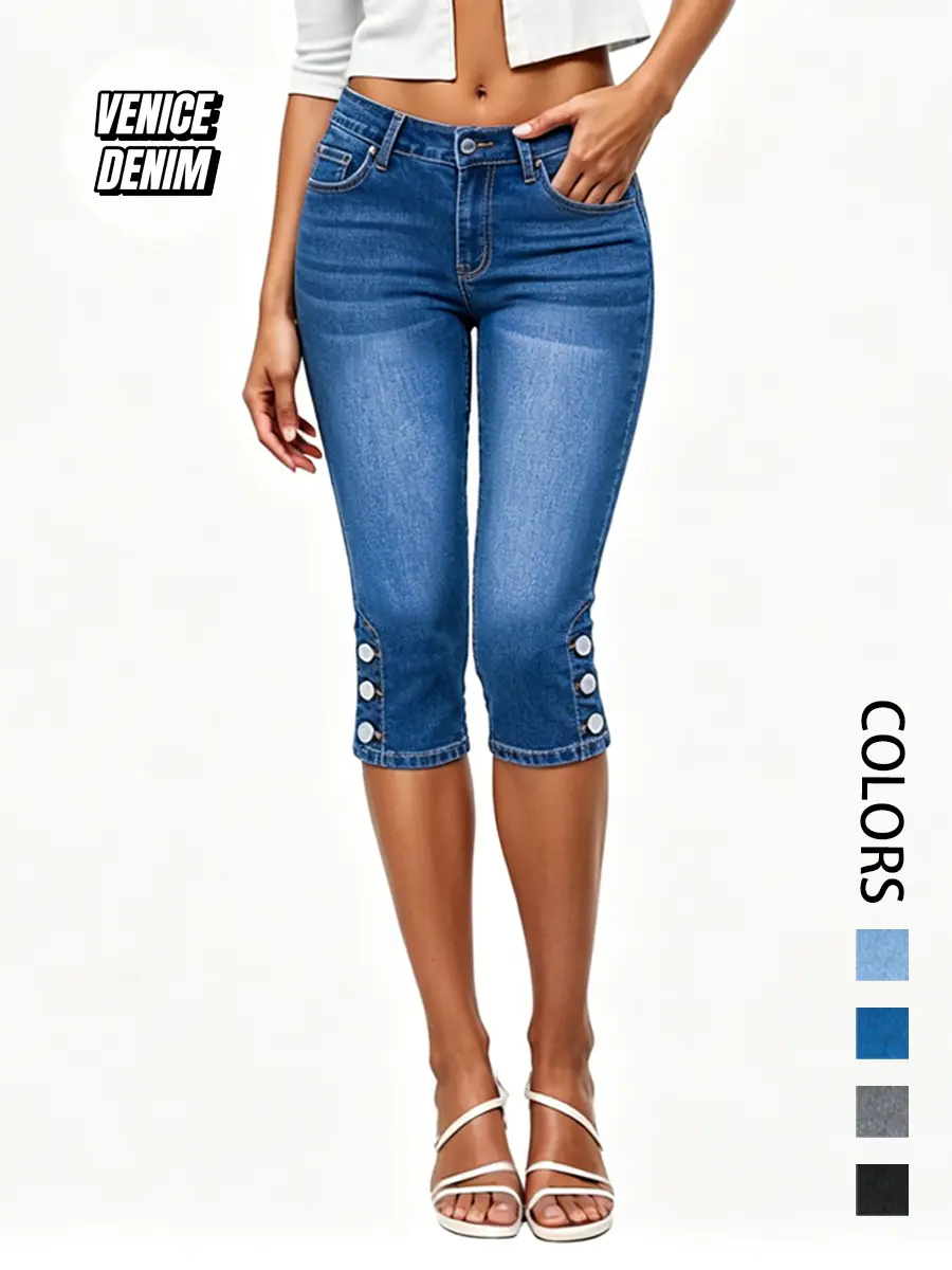 Women's Mid-Waisted Denim Bodycon Capri Jeans - Polyester-Spandex, Modest, Feminine, Soft, Stretchy Elastic, Casual Comfy, Stylish Slimming, Breathable Streetwear Bottoms