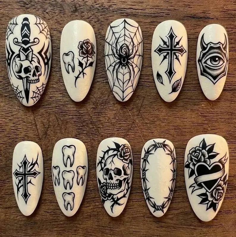 Gothic Tattoo Press On Nails  Skull Spider Cross Thorn Nail Art  Dark Alternative Nail Set