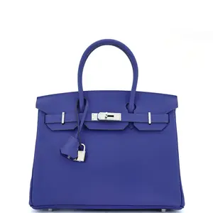 Pre-owned HERMÈS Leather Top Handle Bags Hermes Birkin Handbag Bleu Electrique Epsom with Palladium Hardware 30 by Rebag