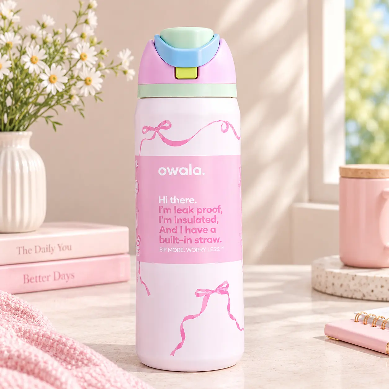 Owala Pink Ribbon 32oz Leak-Proof Insulated Water Bottle with Built-in Straw and Bow Design for Everyday Use